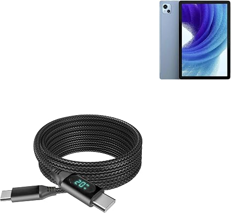 BoxWave Cable Compatible with Oscal Pad 13 - PowerDisplay PD Cable (6ft) - USB-C to USB-C (100W), LED Wattage Info Extra Long Braided Nylon - Jet Black