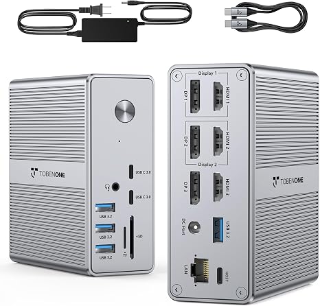 TobenONE DisplayLink Docking Station 3 Monitors with 120W Power Adapter