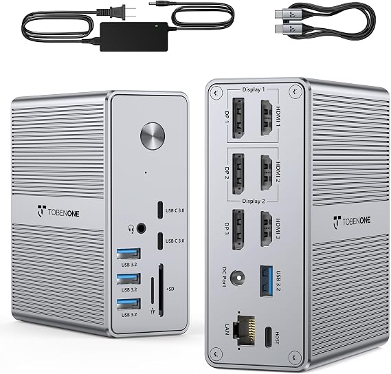 TobenONE DisplayLink Docking Station 3 Monitors with 120W Power Adapter