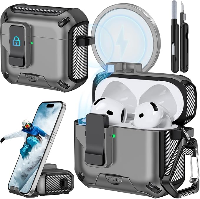 for AirPods 4 Case (2024) with Phone Stand,（with Automatic Snap Switch） Carbon Fiber Design Protection Cover with Cleaning Pen,Gray