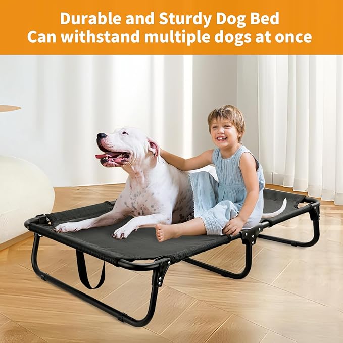 Foldable Elevated Dog Bed for Large Pet, No-Assembly-Need Folding Raised Dog Bed, Waterproof Outdoor Dogs Cot Cooling Pet Hammock Beds with Breathable Mesh, Chew-Proof, Black