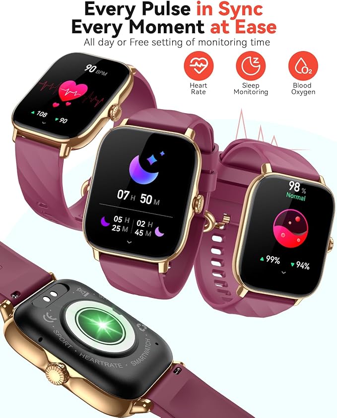 Smart Watches Fitness Tracker for Women Men with Step Counter, Sleep Calorie Monitor, Pedometer, IP68 Waterproof, Smartwatch with 120+ Sports for iPhone Android (Wine Red)