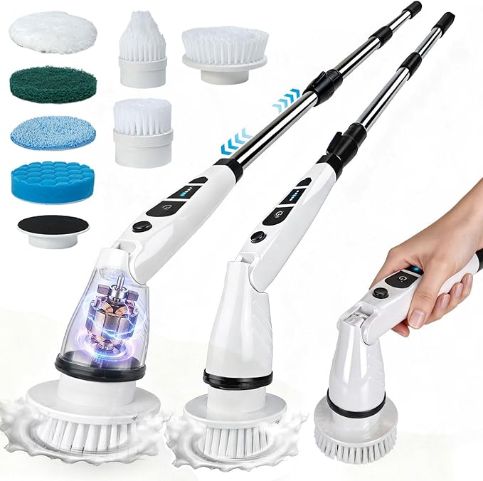 Electric Spin Scrubber, Shower Scrubber with Long Handle, 7 Brush Heads, 2-Speed Cordless Bathroom Cleaning Brush, 54in Extendable Electric Cleaning Brush for Tub, Tile, Floor & Kitchen