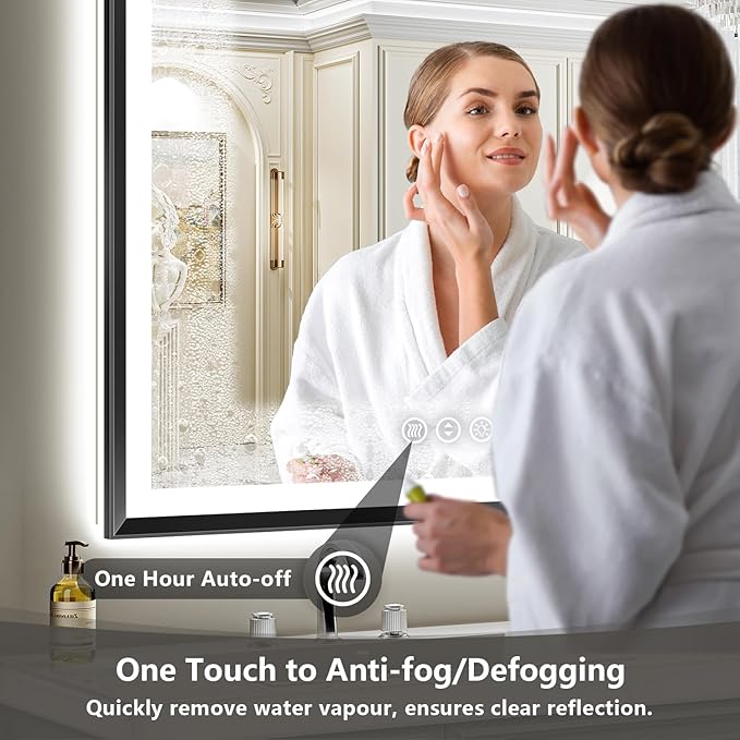 55x36 Black Framed LED Bathroom Mirror with Lights, Backlit and Front Light, Lighted Bathroom Vanity Mirror for Wall Dimmable Anti-Fog Memory Tempered Glass Horizontal/Vertical