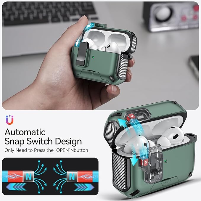 for AirPods Pro 2nd/1st Case (2023/2022/2019) with Phone Stand,（with Automatic Snap Switch） Carbon Fiber Design Protection Cover with Cleaning Pen,Light Green