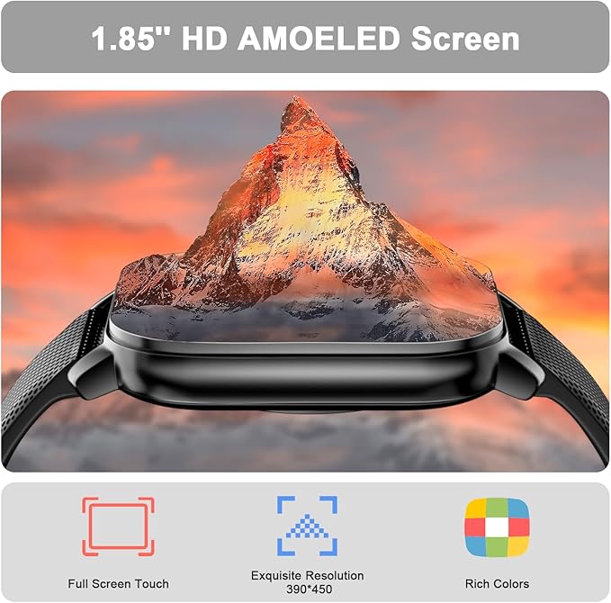 Smart Watch for Men Women, 1.85'' AMOLED HD Fitness Watch with 120+ Sports Modes, Bluetooth Call/Heart Rate/Sleep Monitor/Pedometer, Smartwatch for Android iOS, IP68 Waterproof, Light Black