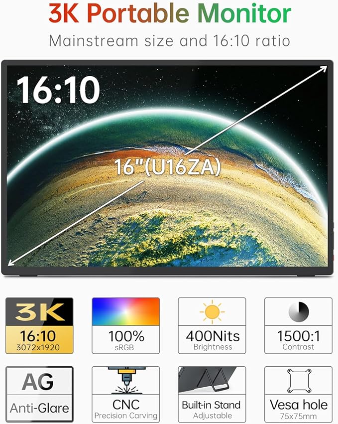 Intehill 16" Portable Touchscreen Monitor 3K, 16:10 Touch Screen Display with Tempered Glass, 100% sRGB Travel Monitor with Adjustable Stand, Speakers, HDMI Second External Screen for Laptop, U16ZT