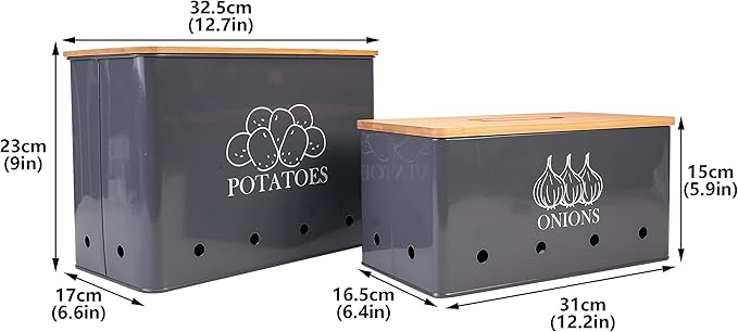 Potato Onion Kitchen Storage Canisters,Storage Bin For Kitchen 2 Pack Set,potatoe, Potato Storage Box，storage And Long Shelf Life With Aerating Tin Storage Holes-gray