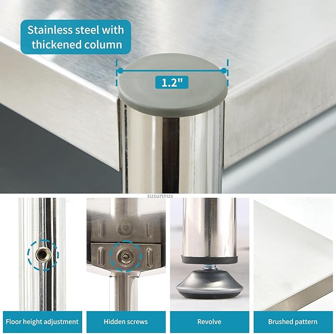 susunnus 3-Tier Stainless Steel Shelf, Heavy Duty Shelving for Kitchen, Garage, Industrial Storage, Kitchen Shelves Adjustable Feet, Easy to Clean(3T-24.8in*15.8in(Without guardrails))