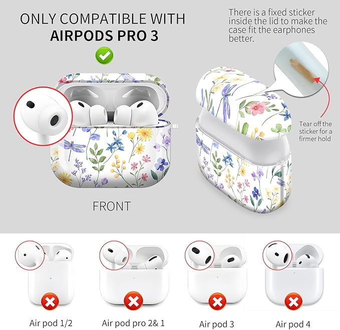 Cute Hard Case Compatible with AirPods Pro 3rd Generation Case (2025), Shockproof Protective Cover with Golden Keychain Ring Clip (Watercolor Flowers)
