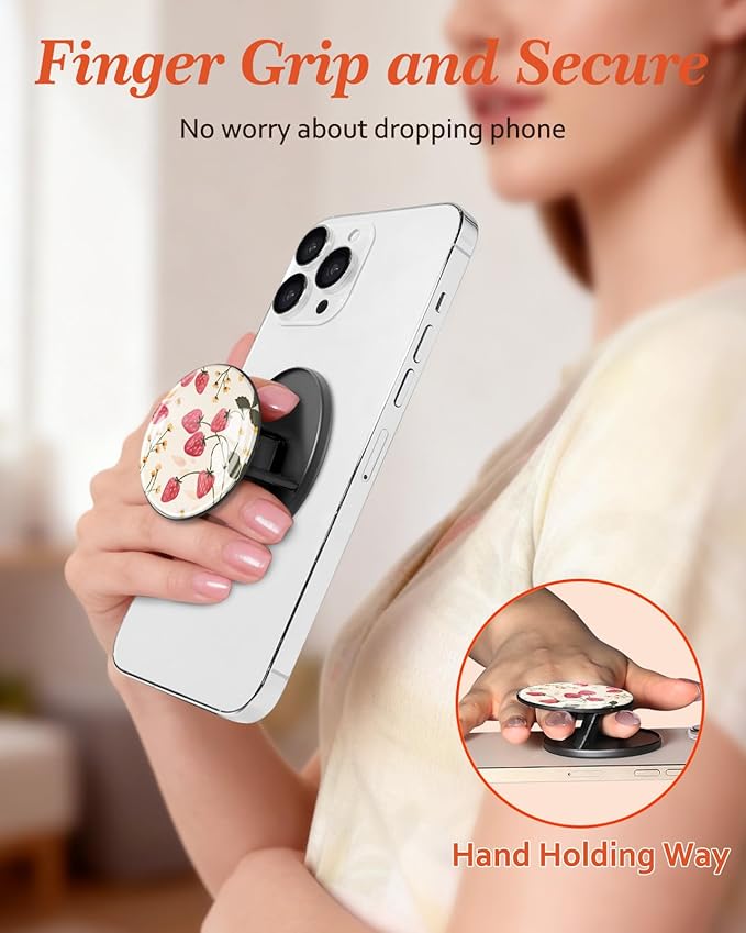 Kidcube Magnetic Phone Grip Compatible with Magsafe - Cell Phone Grip Stand Magnetic Ring Holder Finger Kickstand for iPhone 17 16 15 14 13 12 Series Magnet Removable Accessories Cute Strawberry