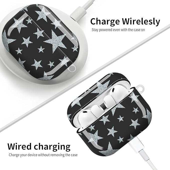 Compatible with AirPod Pro 3 (2025),Cute Case Cover for Women & Men, Full Protection Shockproof Hard Case with Keychain, Wireless Charging Case Accessories(White Stars)
