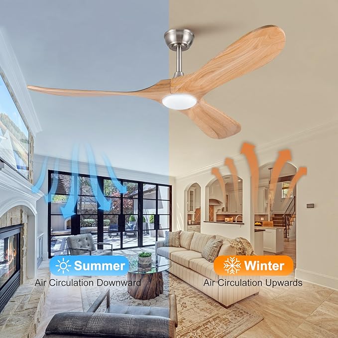 52 Inch Solid Wood Ceiling Fans with Lights and Remote Control,6 Speeds,Noiseless,Reversible DC Motor,Modern Ceiling Fan with Light for Indoor/Outdoor Bedroom,Patios(Natural Wood Grain)
