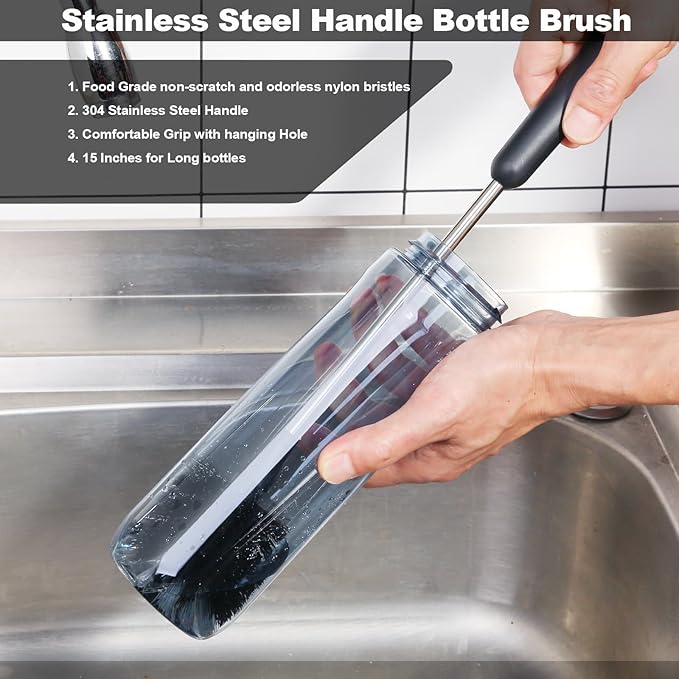 Water Bottle Brush with Straw Cleaner, 15 Inches Stainless Steel Handle Baby Bottle Brush Cleaner, Kitchen Scrub Cleaning Brushes for Cup, Wine Glasses, Coffee Mugs, Tumblers, Wine Decanters, Black