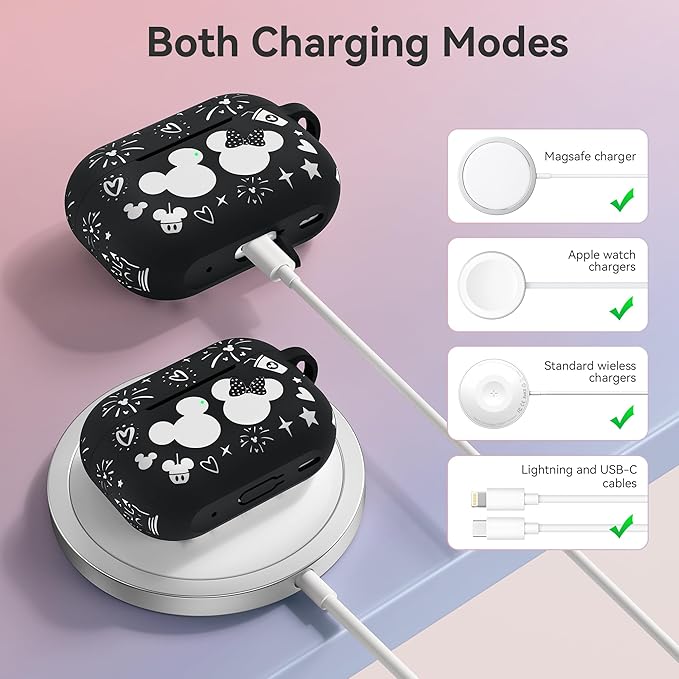 Compatible with Airpods Pro 2nd/1st Generation Case Cover with Keychain, Women Men Soft Silicone Two-Tone Cute Cartoon Engraved Convenience Protective Case, Front LED Visible Black/White