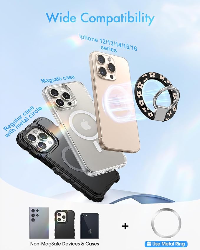 Toycamp Phone Grip Ring Holder Compatible with MagSafe - Magnetic Phone Grip Stand Women Cute Painting Removable Rotatable Magnet Accessories for iPhone 17 Pro Max/16/15/14/13/12 Series, Black Flower