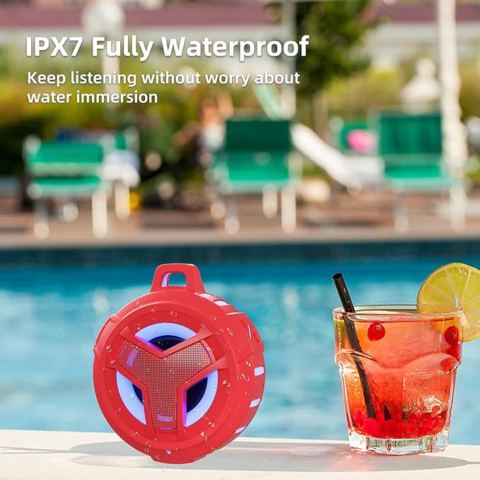 EBODA Bluetooth Shower Speaker, Waterproof Portable Speakers IPX7 Floating, True Wireless Stereo BT 5.0 Speaker with Bass, 2000mAh LED Light for Shower, Pool, Beach, Gifts for Women- Red