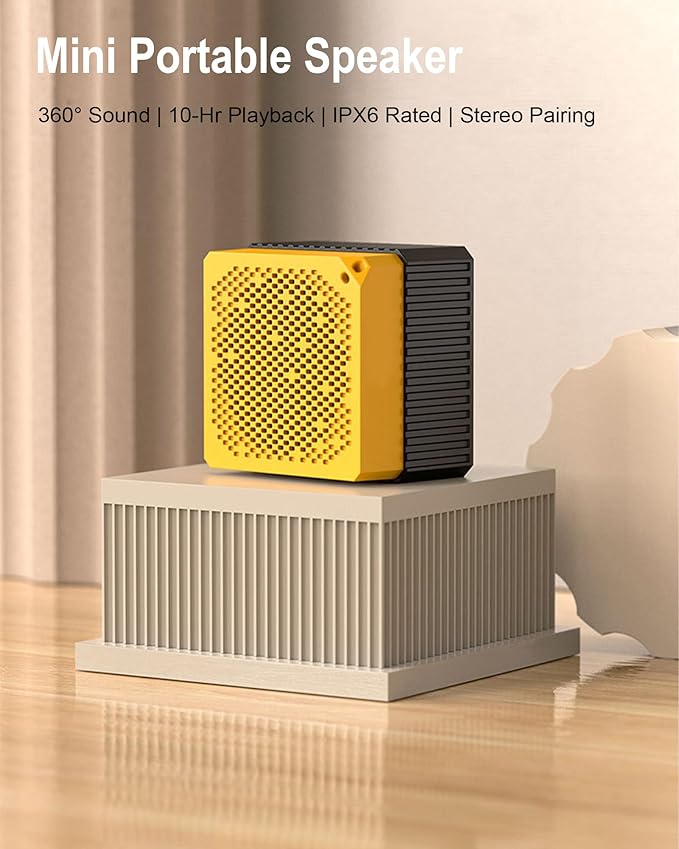 Portable Bluetooth Speakers Wireless, IPX6 Waterproof & Dustproof Small Portable Speaker, High Loud Stereo Sound, Built-in Mic, TWS Pairing, with Storage Box, Easy for Carry/Outdoor/Travel (Yellow)