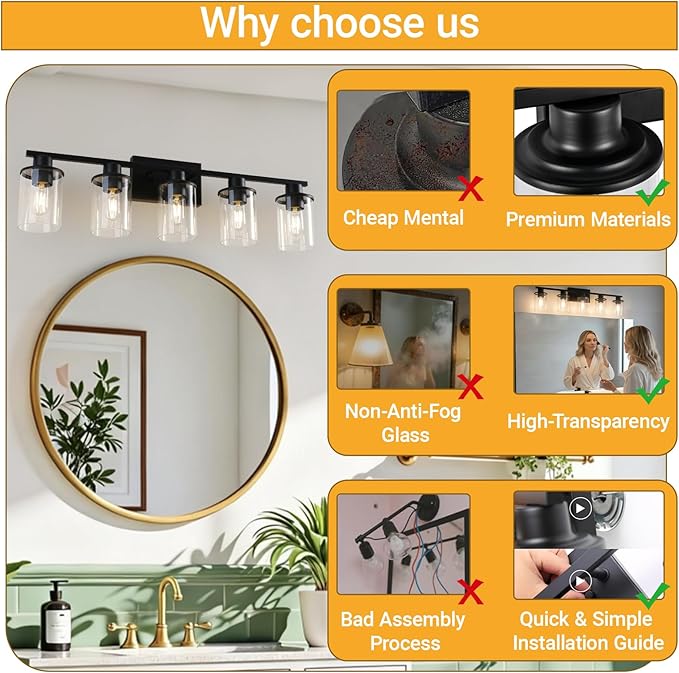 LOUSACE 5-Light Black Bathroom Vanity Light, 31.5" Modern Vanity Lighting Fixture Over Mirror with Clear Glass Shade, E26 Base