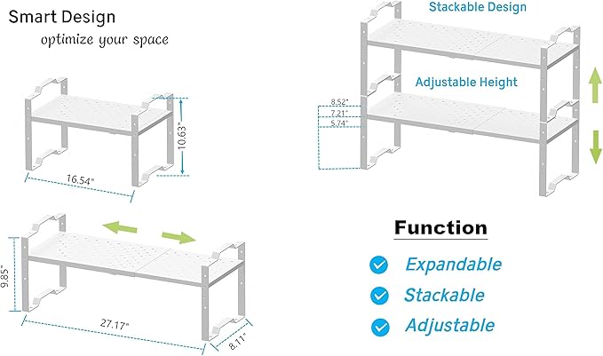 Expandable Shelf for Cabinet Organizer Adjustable Stackable Spice Rack at Kitchen and Bathroom More, (1 Pack/White, Medium)