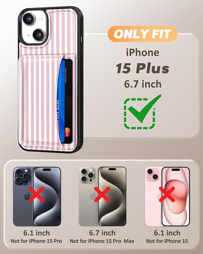 for iPhone 15 Plus Case with Wallet - Fits 4 Card Slots, Compatible with MagSafe for Women Aesthetic Durable PU Leather Credit Card Holder Kickstand Phone Cover for Apple 15 Plus, Stripe