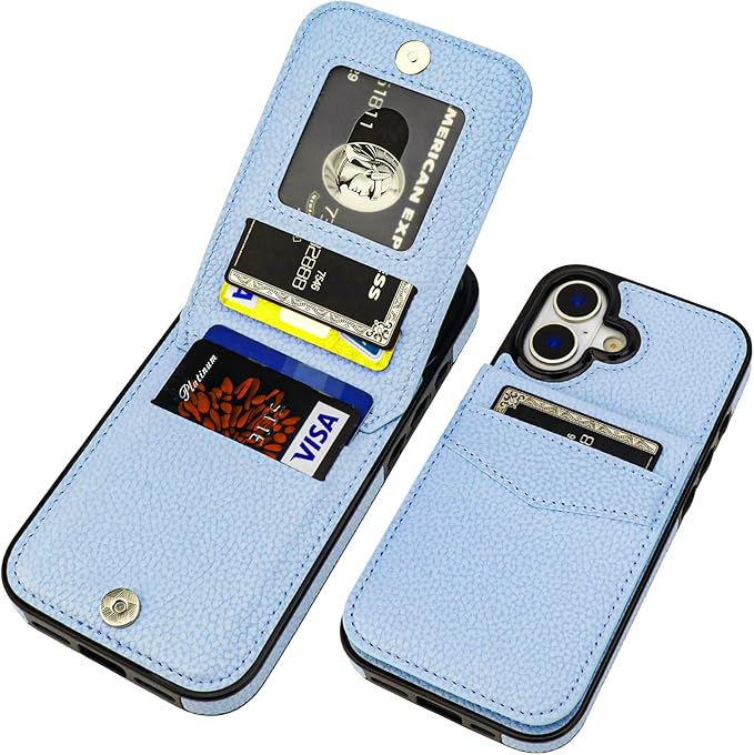 KIHUWEY Compatible with iPhone 17 Case Wallet with Credit Card Holder, Flip Premium Leather Magnetic Clasp Kickstand Heavy Duty Protective Cover for iPhone 17 6.3 Inch (Lichee Light Blue)