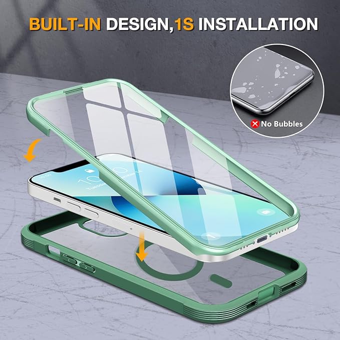 Miracase Magnetic Case for iPhone 13 Mini 5.4 Inch,with MagSafe,Built in Screen Protector,Full Body Protection(Green)