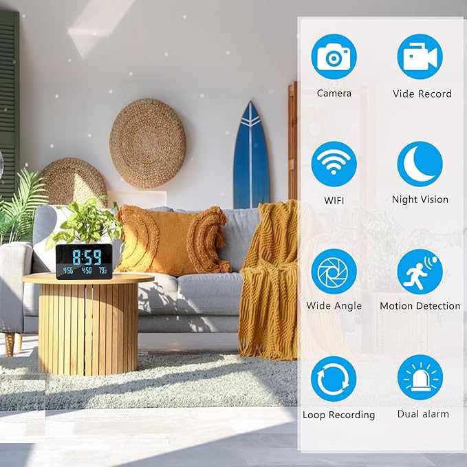 WiFi Security Camera with Clock - 1080P HD Nanny Cam with Night Vision & Motion Detection for Indoor Home Security, Baby & Pet Monitoring