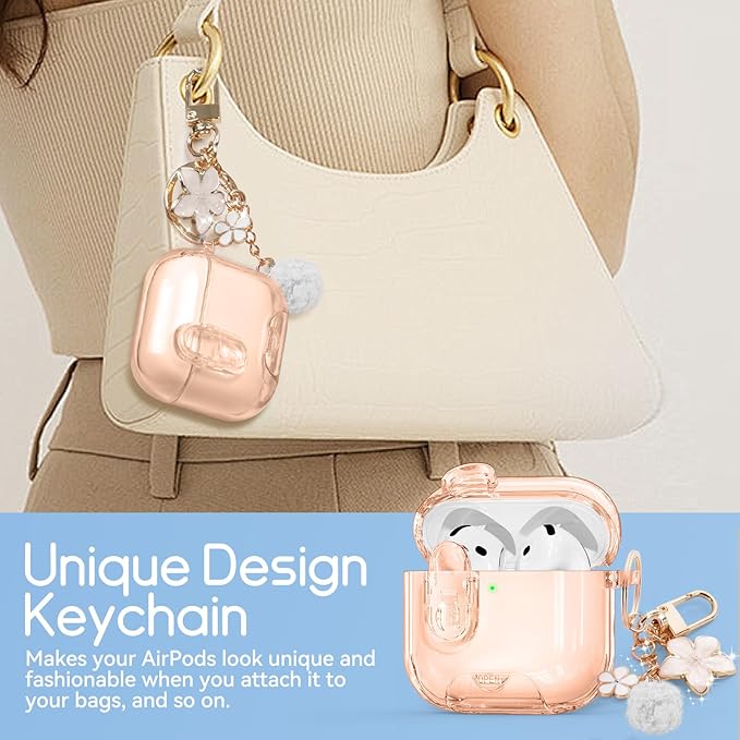 Clear Case for AirPods 4 Case Cover with Safety Lock,Soft TPU Cover with Phone Stand & Cleaning Kit,Cute Bling Keychain for Women Girls-Desert Gold