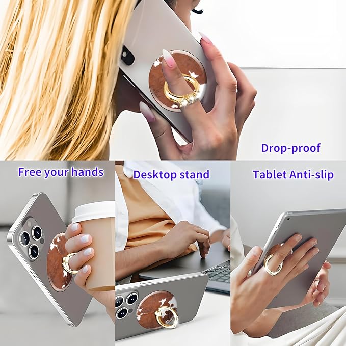 Magnetic Phone Ring Holder Compatible with MagSafe, Cute Phone Grip Stand with 360° Rotation Gold Glitter Finger Ring Kickstand Accessories for Most Phones Brown White Cowhide