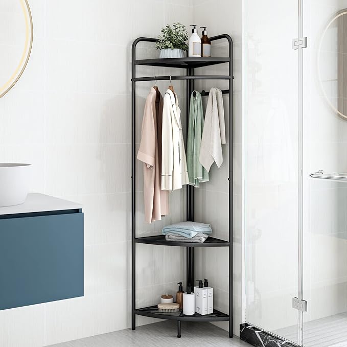 Corner Black Clothing Racks Freestanding, Metal Black Coat Racks with Hooks, Heavy Duty Modern Clothes Rack with 3 Tier Storage Shelves for Home,Bedroom,Living Room