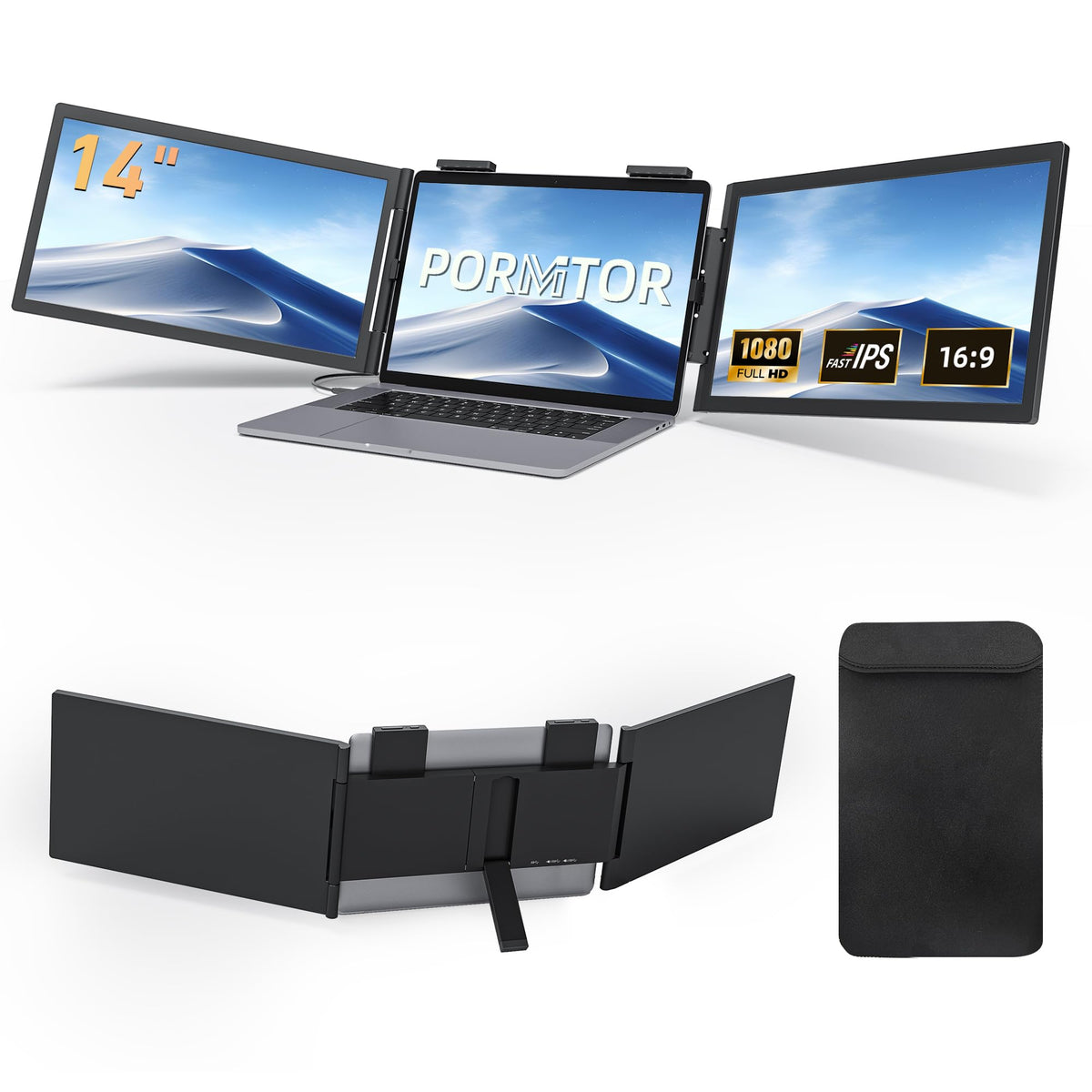 Laptop Screen Extender, 14’’ FHD 1080P Triple Portable Monitor for Laptop with Ultra-Slim IPS Display, USB-C Plug and Play Multi Screen Attachment for 14"-15.6" Laptops