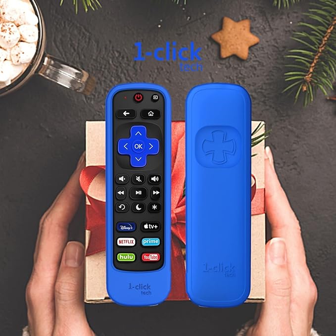 [w/Cover] 1-clicktech New Remote for Roku TV w/6 Customizable HotKeys, for TCL Hisense Onn Sharp Sanyo Hitachi Element Insignia Westinghouse Magnavox LG Roku TV, Roku Box (Remote + Blue Cover)