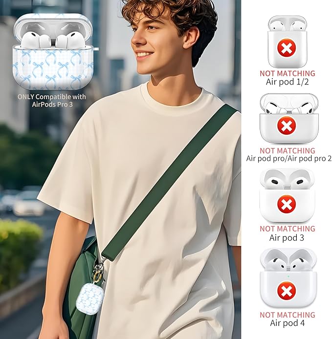 Compatible with AirPods Pro 3 (2025) Case, Airpod Pro 3 Protective Cover with Cute Golden Keychain for Girls & Women (Blue Bow)