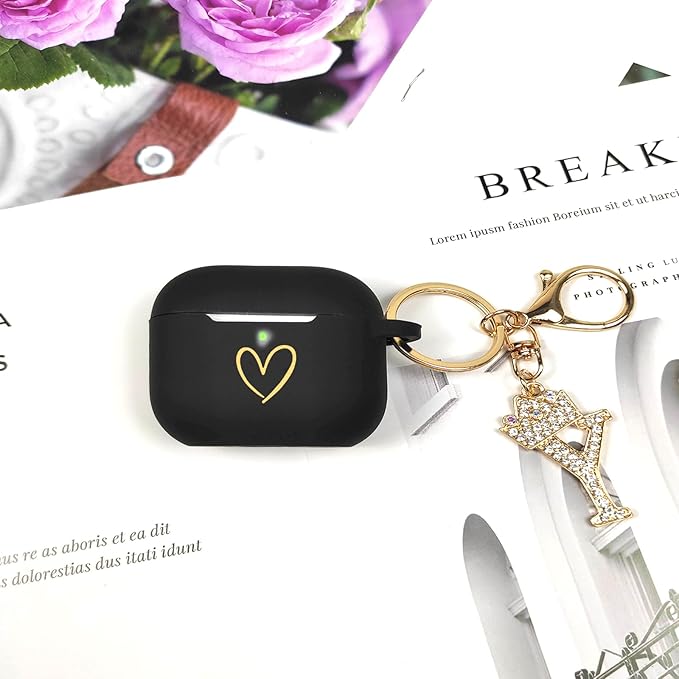 Compatible with AirPods Pro 3 Case Cover (2025), Soft Silicone Case with Gold Heart Pattern for AirPods Pro 3rd Generation Case with Rhinestone Studded Letter A-Z Keychain (Y Black)