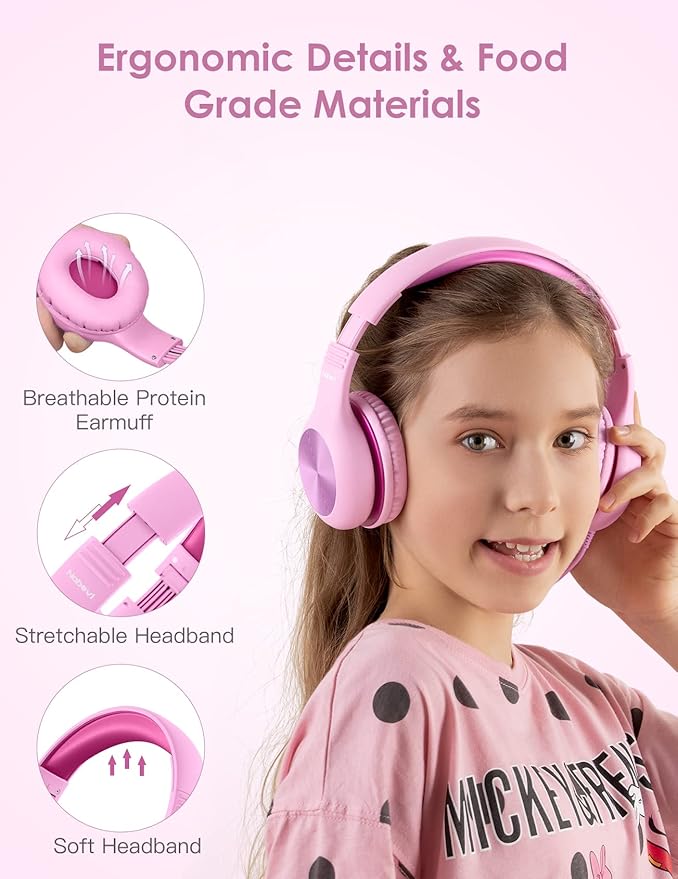 Kids Headphones with Microphone, Over-Ear Headphones for Kids with Sharing Function, 85dB/94dB Safe Volume Limit, Wired Headphone for Children, Kid Headset for School, Study, Travel, Pink