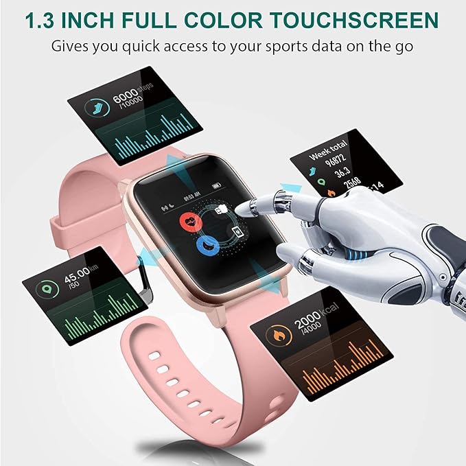 Smart Watch for iPhone/Android, Activity Fitness Tracker with IP68 Waterproof for Men Women, Smartwatch with 1.3" Full-Touch Color Screen, Step, Pedometer, Heart Rate Monitoring & Sleep Monitor, Pink