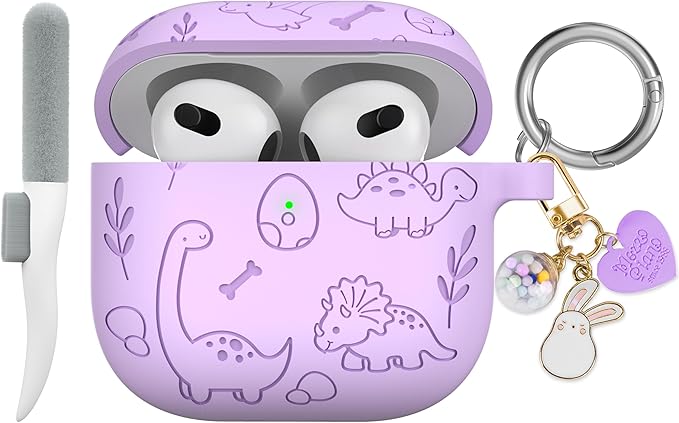 Maxjoy for AirPods 4 Case, Engraved Silicone Cute AirPod 4 Case for Women Men Protective iPod 4 Cover with Keychain Cleaning Kit for AirPod 4th Generation Cover 2024, Purple Dinosaur