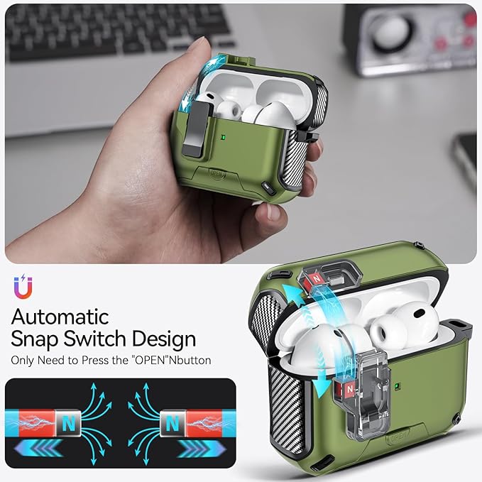 for AirPods Pro 3 Case (2025) with Phone Stand,（with Automatic Snap Switch） Carbon Fiber Design Protection Cover with Cleaning Pen,Dark Green