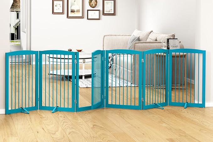 Freestanding Pet Gate with Door, Tall Dog Gate for House, Extra Wide, Pet Puppy Safety Fence, Support Feet Included, 120 Inch Wide, 6 Panels 32" Tall, Blue