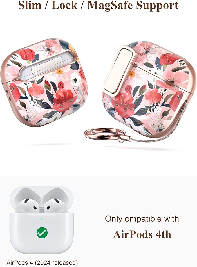 TATOFY Cover for AirPods Pro 4th Generation Case with Lock Clip Cleaner Kit Slim Hard AirPod 4 Lock Case Compatible with MagSafe (Water Pink)