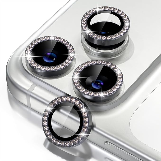 Misea Compatible for iPhone 17 Pro/iPhone 17 Pro Max Camera Lens Protector Bling, 9H Tempered Glass Camera Cover Screen Protector Metal Individual Ring Decoration Accessories, Black Diamond