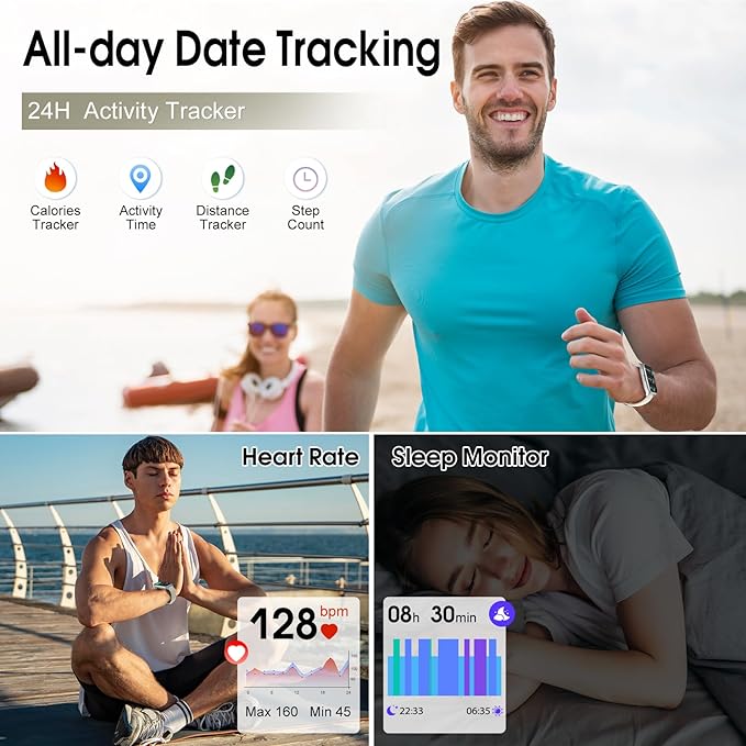 Smart Watch, 1.85" HD Smartwatches for Men Women (Answer/Make Calls), 100+ Sport Modes Fitness Tracker Watch, Heart Rate/Sleep Monitor, IP68 Waterproof Activity Tracker, Smartwatch Bee White
