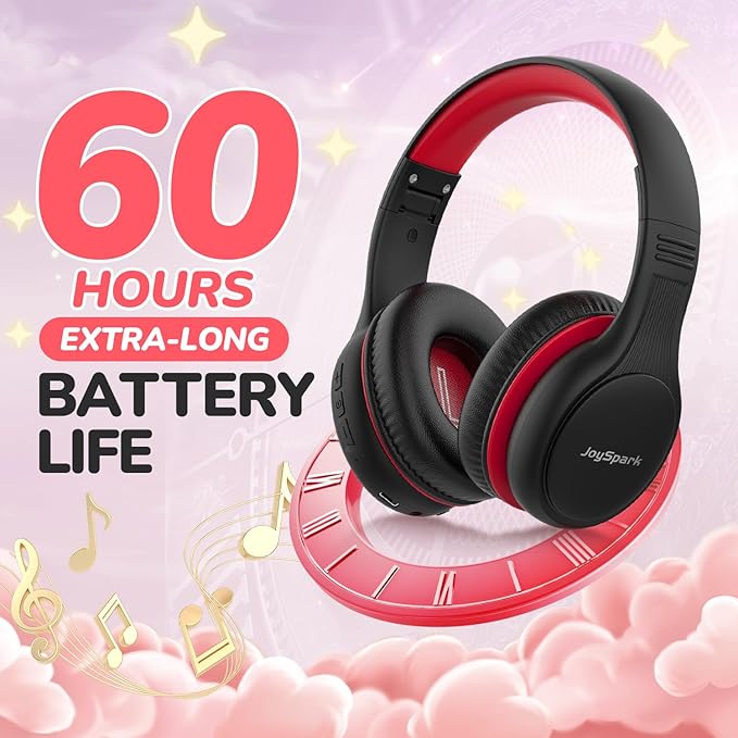 Kids Bluetooth Headphones, 60 Hours Playtime, Bluetooth 5.4 Kids Headphones Wireless, Type-C Fast Charging, 85/94dB Volume Limited, Foldable Toddler Wireless Headsets with Mic-Black Red