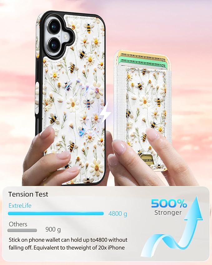Shorogyt for iPhone 17 Wallet Case - Fits 5 Cards, Compatible with Magsafe Detachable Magnetic Credit Card Holder Leather Cardholder Cute Phone Cover Women Girls for Apple 17, Bee Flower