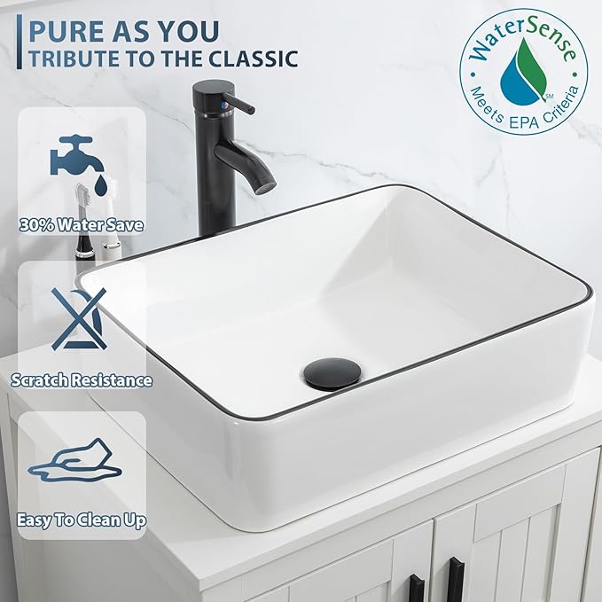 eclife 84" Modern Bathroom Vanity Sink Combo Freestanding Cabinet with Small Side Cabinet, White Black Ceramic Vessel Sink, Water Save Faucet, Drain (White+T03BK)