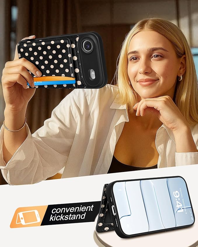 for iPhone 17 Air Case with Wallet - Fits 4 Card Slots, Compatible with MagSafe for Women Aesthetic Durable PU Leather Credit Card Holder Kickstand Phone Cover for Apple 17 Air, Polka Dots