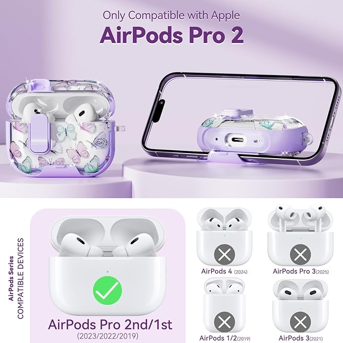 with Safety Lock for AirPods Pro 2nd 1st Generation Case Cover,Clear Butterfly Floral Cute with Phone Stand & Cleaner Kit for AirPod Pro Case for Women Girly-Purple