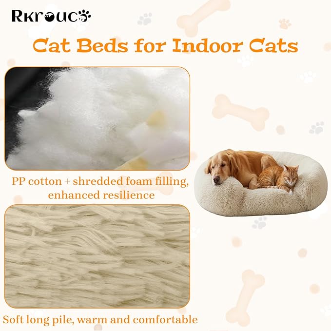 Fluffy Dog Bed Calming Donut Beds for Large Dogs Warming Round Small Medium Pet Nest Cozy Cat Mattress Indoor Washable Puppy Kennel Kittens Sleep Mat (XS, 20×20 inch, Khaki)
