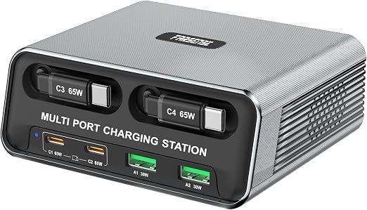 6-Port GaN Desktop Charging Station with Dual Retractable PD Cables, FARSENSE Fast USB C Charger for Home, Office, Travel，Compatible with iPhone 17/16, MacBook, iPad, Samsung